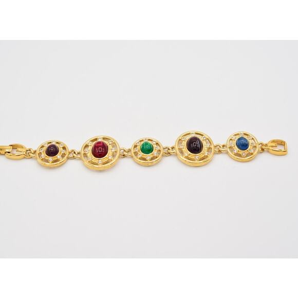 Givenchy Vintage Cabochon Bracelet Multi-Color Gold Crystal Chunky Signed Bin6